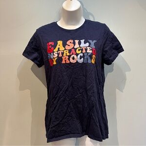 Easily Distracted By Rocks Tee - Navy with Multicolor Lettering Medium NWOT